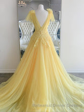 Yellow Long A-line V Neck Lace Tulle Backless Semi Formal Prom Graduation Semi Formal Prom Dresses